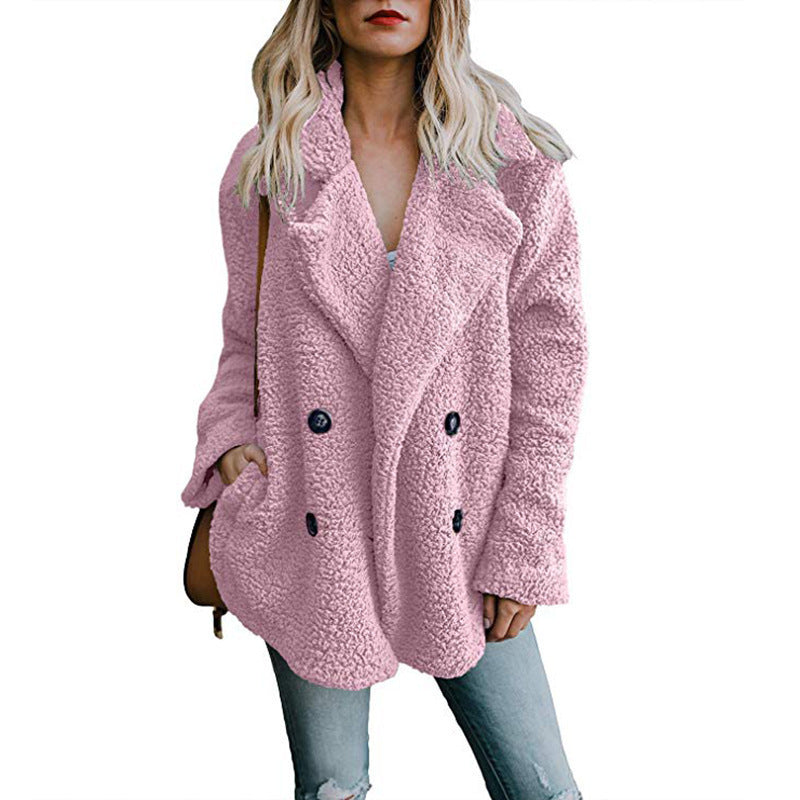 Autumn and Winter Women's Plush Button Lapels Pocket Coat Shirt 327761859360