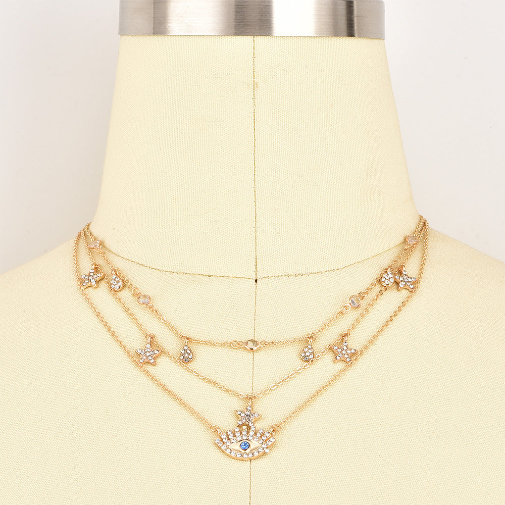 Bls-miracle Multilayer Necklace for Women Long Chain Turkish Eye Pendant Necklaces Trendy Crystal Star Water droplets Necklac