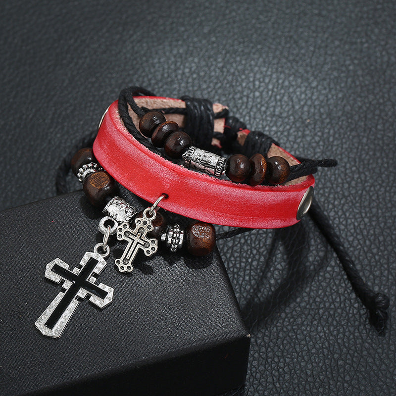 Beaded cross leather bracelet 32923019532