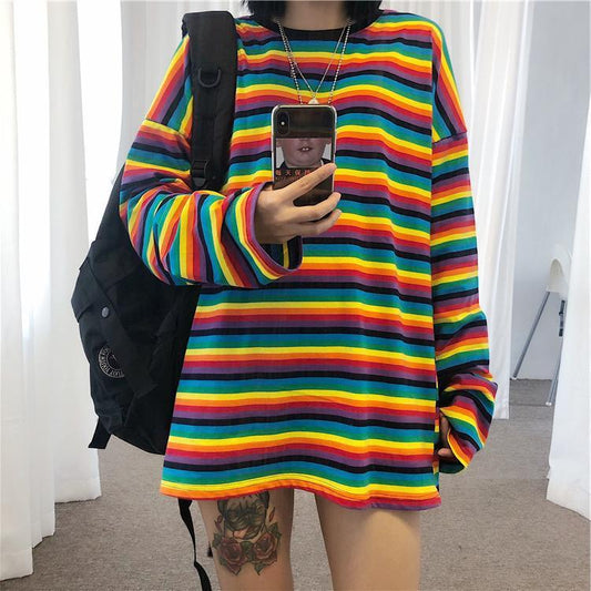 Cute girl rainbow stripes loose wild long-sleeved T-shirt 332376407160