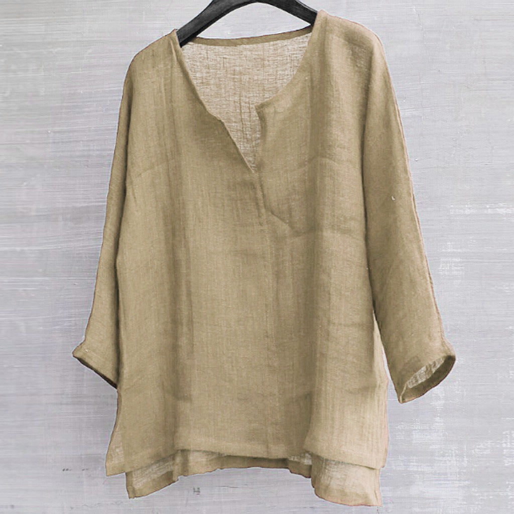 Cotton linen solid stand collar shirt 34038457979343