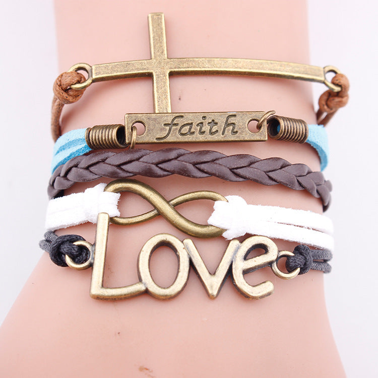 European and American bracelets love pendant fashion faith letter jewelry multi-layer woven leather rope bracelet bracelet 34