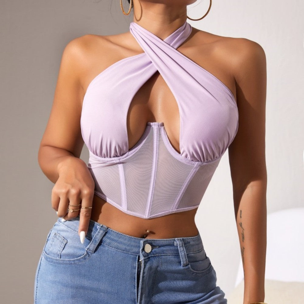 Top Stitching Mesh See-through Cross-halterneck Fishbone Bra 3436ed61 de83 46c0 90b8 93e81aaf179b