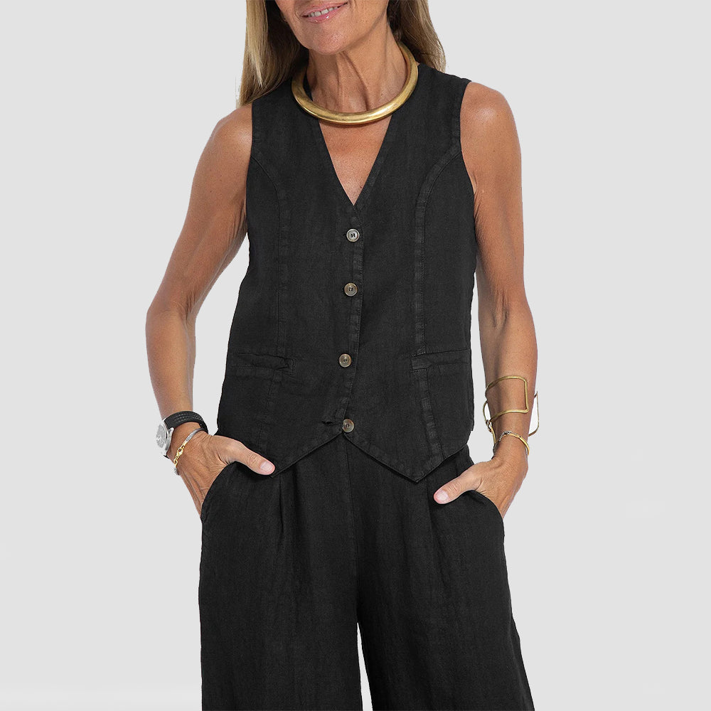 Summer Vest Suits V-neck Botton Sleeveless Top And Loose Straight Trousers Casual Womens Clothing