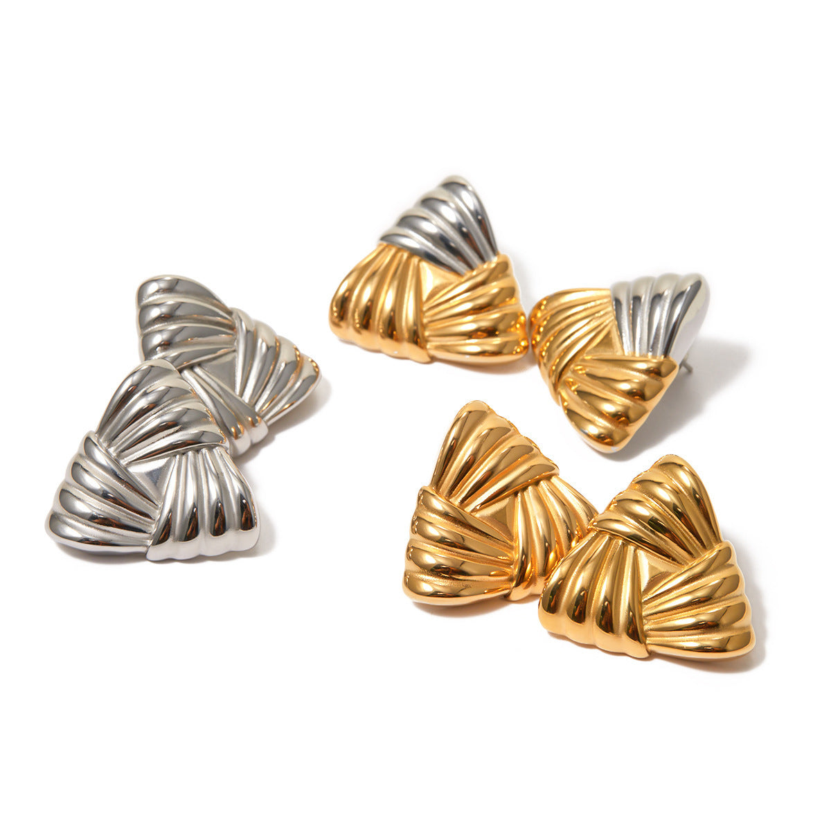 18k Gold Stainless Steel Woven Texture Triangular Earrings - HD Wireless Product #5