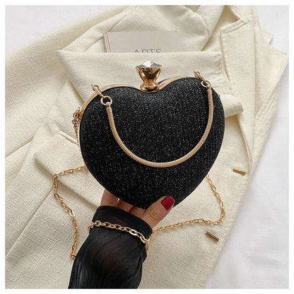 Evening Clutch Bag Women Bag Shiny Handbag Heart Shape Metal Clutches Bag Fashion Chain Shoulder Crossbody Bag Luxury Lady Pu