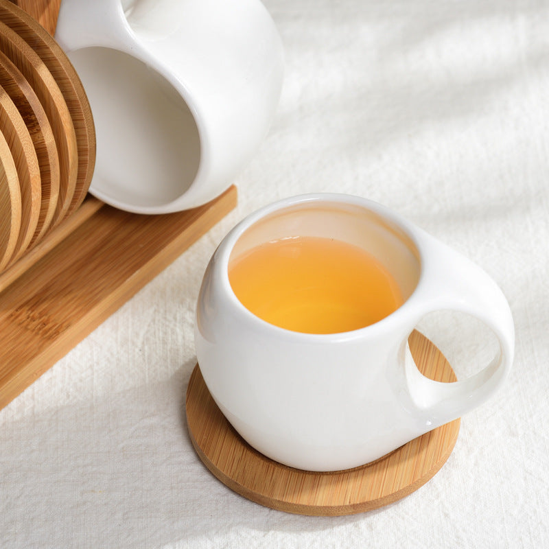 Six-piece Simple Ceramic Cup Set 200ml Tea Cup Coffee Cup Three-dimensional Bamboo and Wooden Bracket Striped Non-slip Coaste