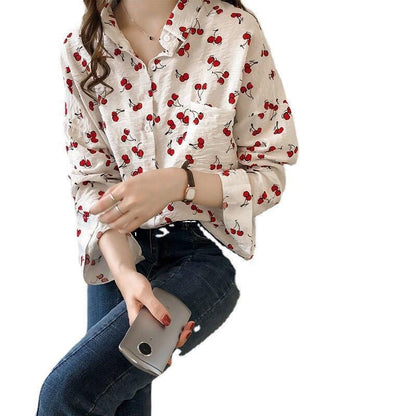 Women's Long-sleeved Shirt Loose Sweet Cherry Printed 3691502e c57f 4023 8cf0 425ff19f2020