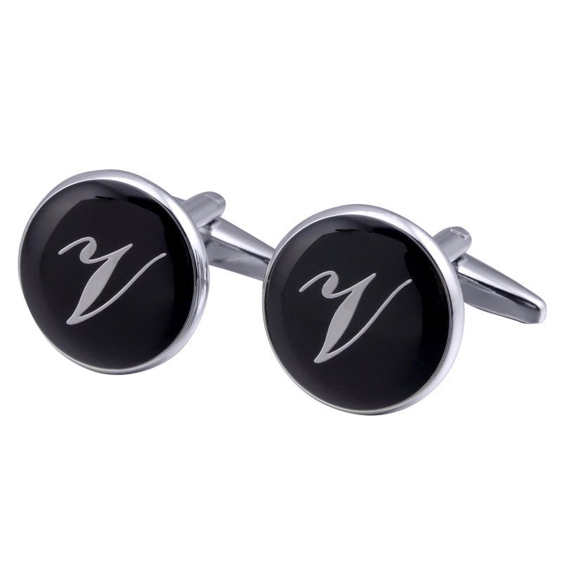 French Cufflinks black round Enamel Traditional letter Cufflinks 3701788125788