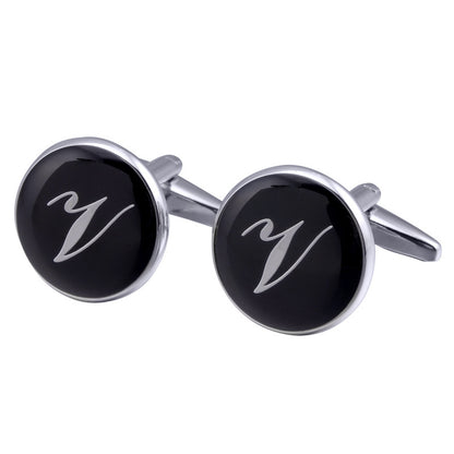 French Cufflinks black round Enamel Traditional letter Cufflinks 3701788125788