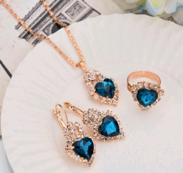 Europe And The United States Personalized Water Drop Color Diamond Necklace, Earrings, Rings Set, Shiny High-end Bridal Jewel