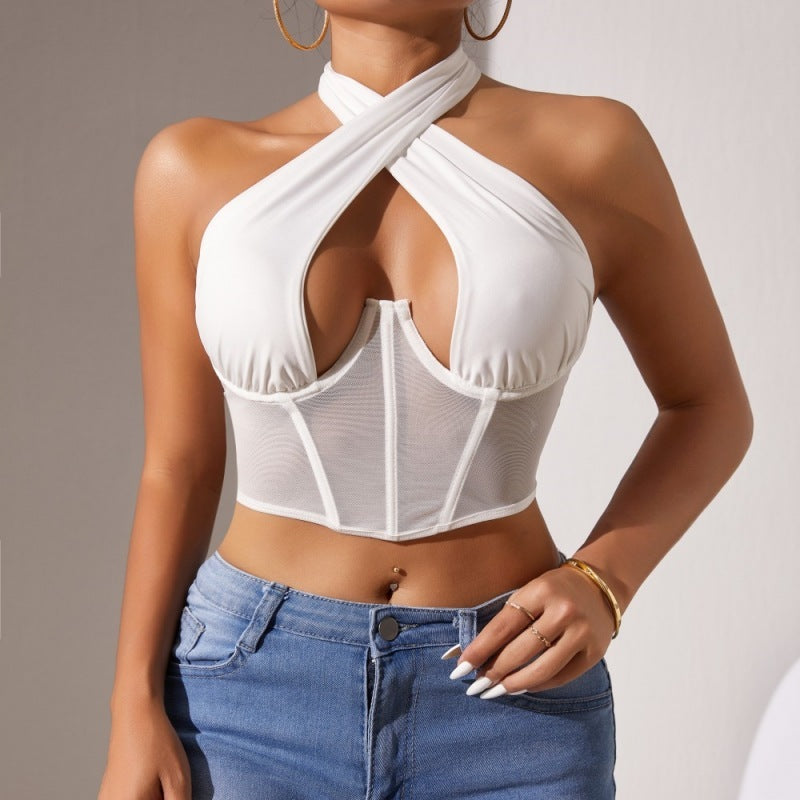 Top Stitching Mesh See-through Cross-halterneck Fishbone Bra 3794a752 2d2a 4dfa a4b6 5e70e3695c41