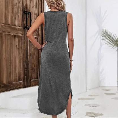 European And American Summer Women's Sleeveless V-neck Slit Mid-length Knitted Dress 386e394a e40c 4117 9a81 6d6896c24269