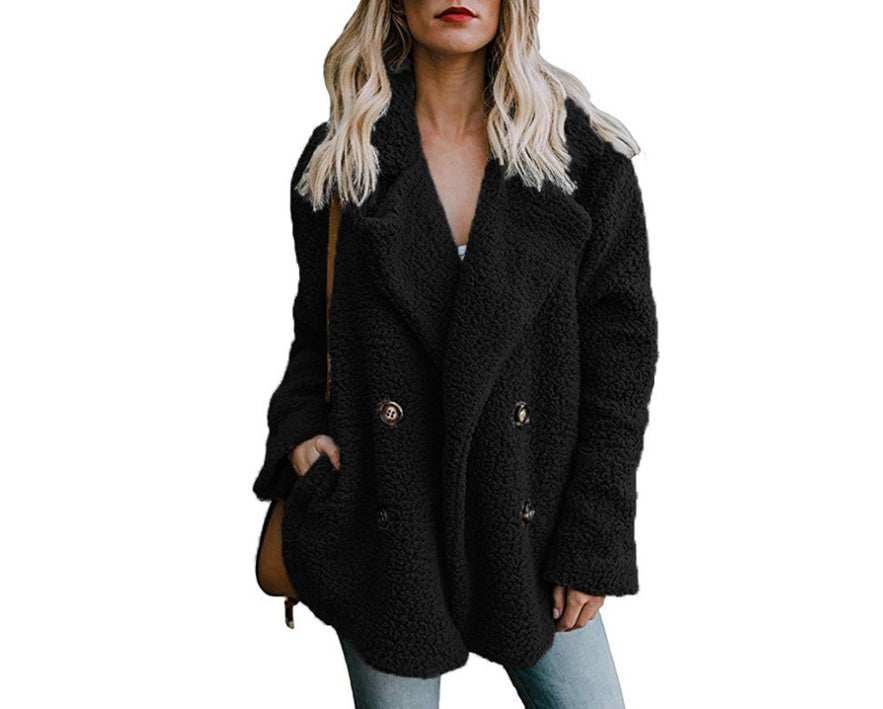 Autumn and Winter Women's Plush Button Lapels Pocket Coat Shirt 3872855751260