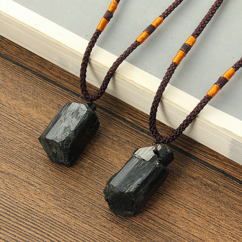 Natural Black Stone Pendant Necklace 3884446905731
