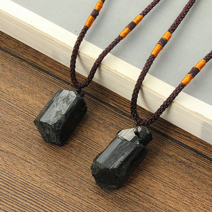 Natural Black Stone Pendant Necklace 3884446905731