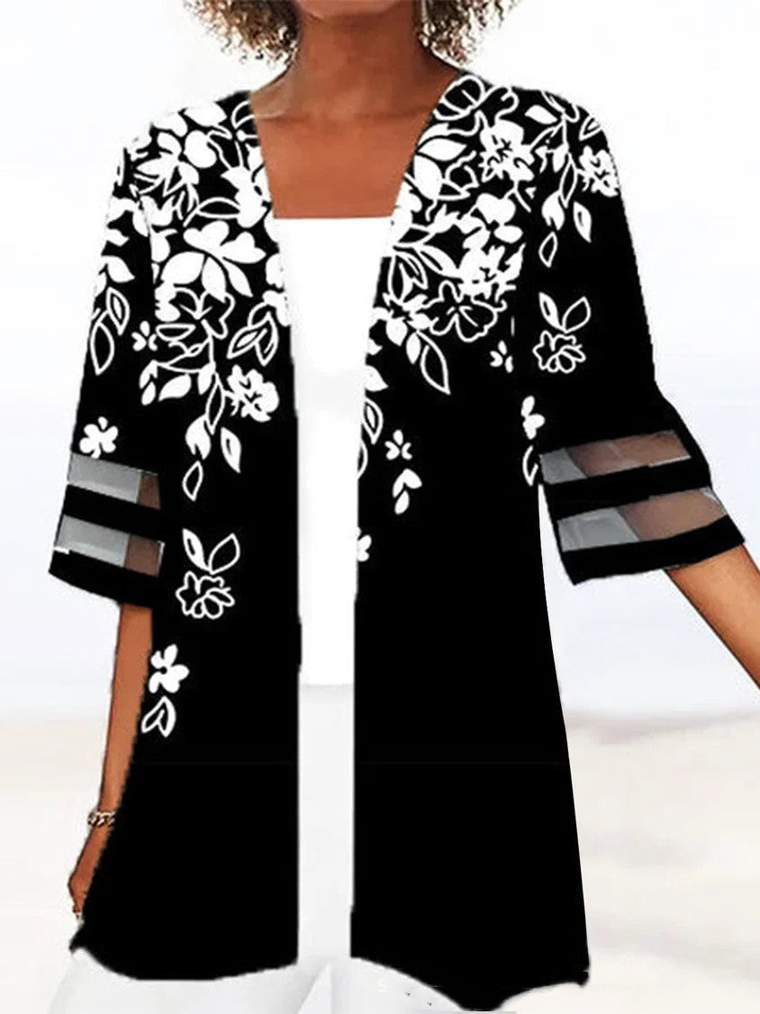 Floral Print Mid Length Sleeves Loose Small Coat 388cbf4c bc89 4d42 ad5f 8f43eb2e2266
