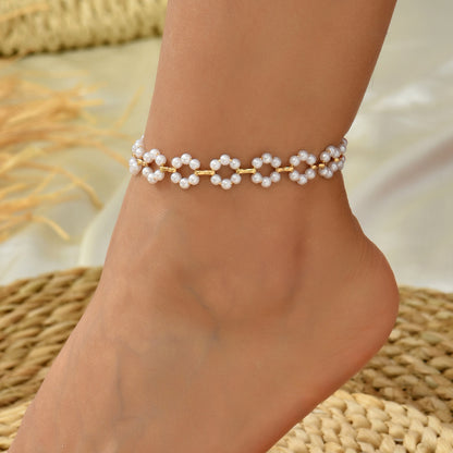 Oil Dripping Little Daisy Imitation Pearl Handmade String Flower Anklet 3950df4f e22a 43bd 82cc c481e5c55843