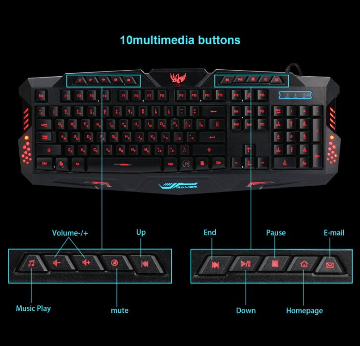 J10 tricolor backlight wired gaming keyboard set colorful luminous gaming mouse keyboard Russian keyboard 39936682002424