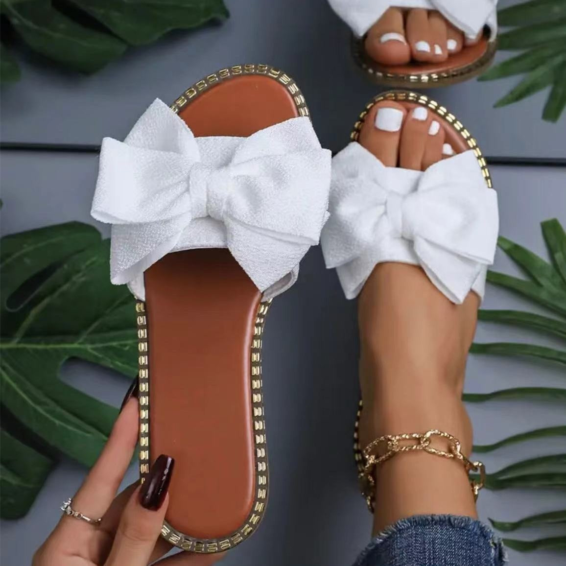 Flat Bottom Rhinestone Bowknot Slippers Women's Cloth Sandals 39c16187 8179 4ab0 a1e2 ed128573d06c