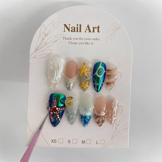 Hand-painted Happy Underwater World White Advanced Long Manicure 39fd0296 c08c 4fca 93aa 1339535eb557