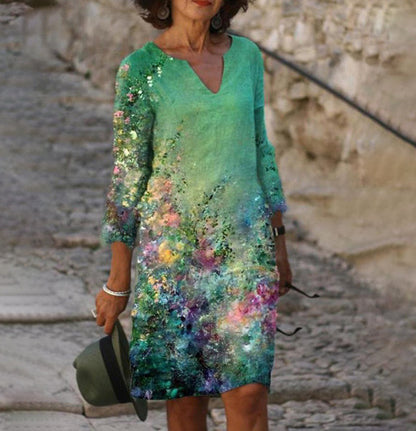 Flower Leaves Printing Rendering V-neck Dress 3b9a3314 62eb 45e2 b95f d7c315edc8e3