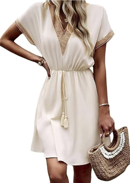 Women Stylish Summer V-Neck Fringed Belted Dress 3c520cfe 5f4c 4fe4 9ffc dae1e085d6da