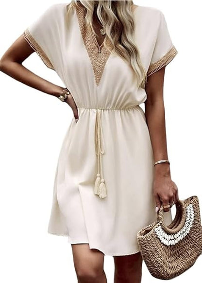Women Stylish Summer V-Neck Fringed Belted Dress 3c520cfe 5f4c 4fe4 9ffc dae1e085d6da
