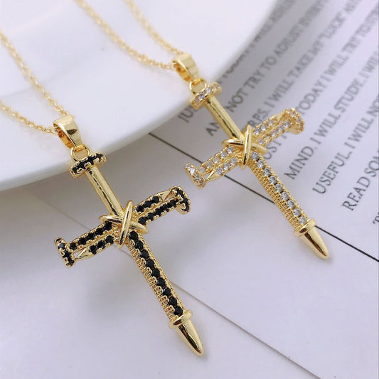 14K Gold Personality Hip Hop Clavicle Chain Nail Cross Necklace Pendant - HD Wireless Product #1