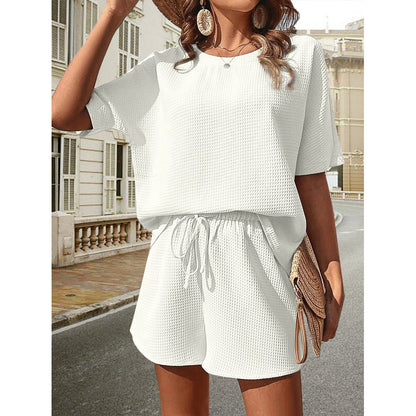 New Waffle Suit Women's Bat Sleeve Short-sleeved Crew-neck Top And Drawstring Design Shorts Fashion Two-piece Set Summer Clot