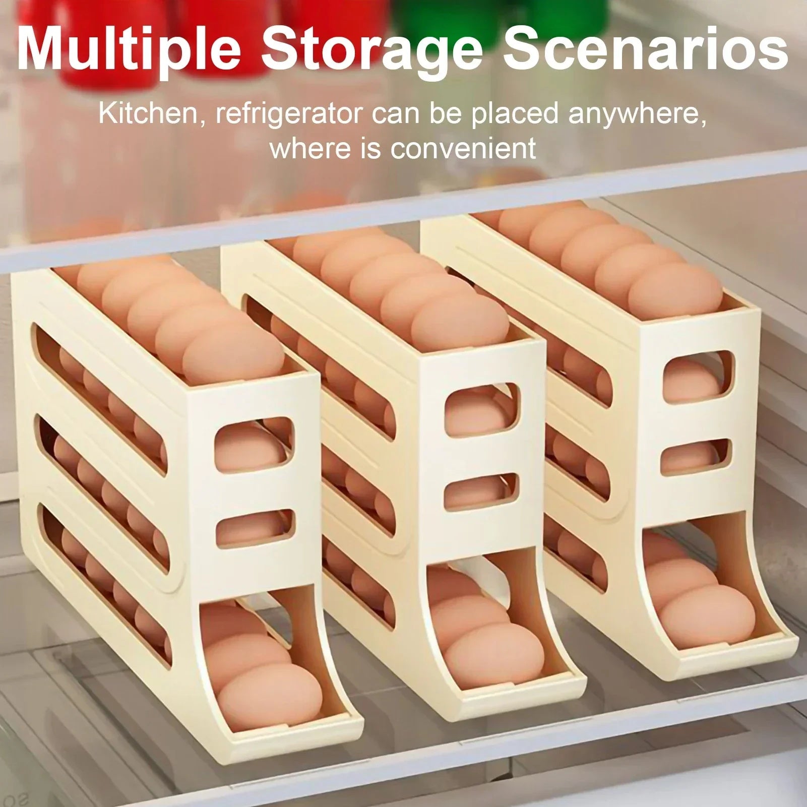 Refrigerator 4-Layer Automatic Egg Roller Sliding Egg Tray Refrigerator Side Door Large Capacity Holder Egg Storage Box Kitch