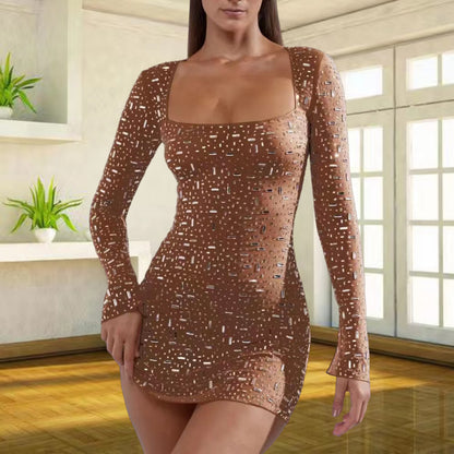Sequin Colorful Sequined Micro-elastic Tight Sleeveless Square Collar Dress 3ecec408 7c2d 42fc bdca a3046bb34a70