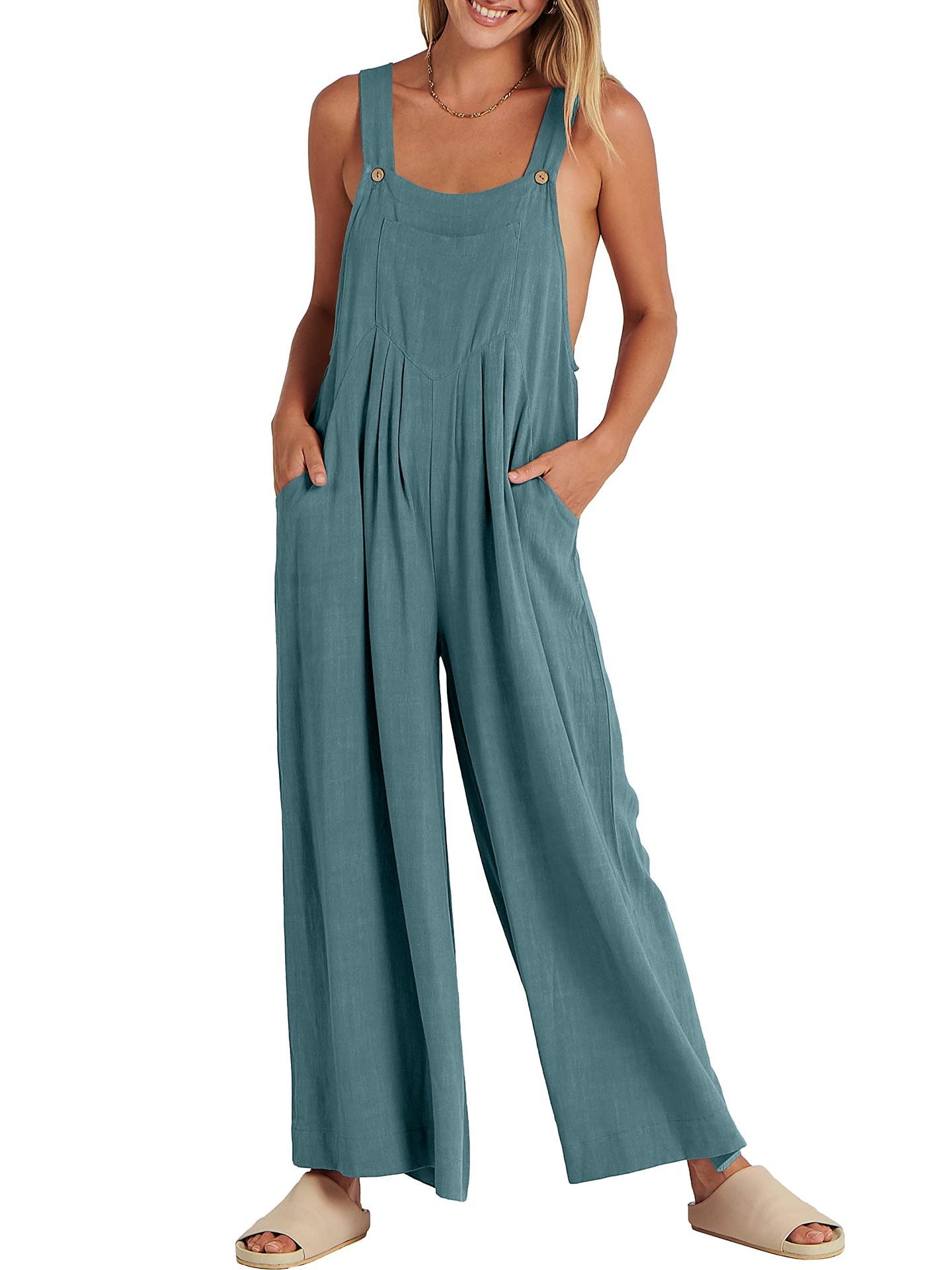 Women's Solid Color Loose Casual Cotton And Linen Suspender Jumpsuit 3fa6e60e 1243 4f5c aa0d 216d30d8a6a5