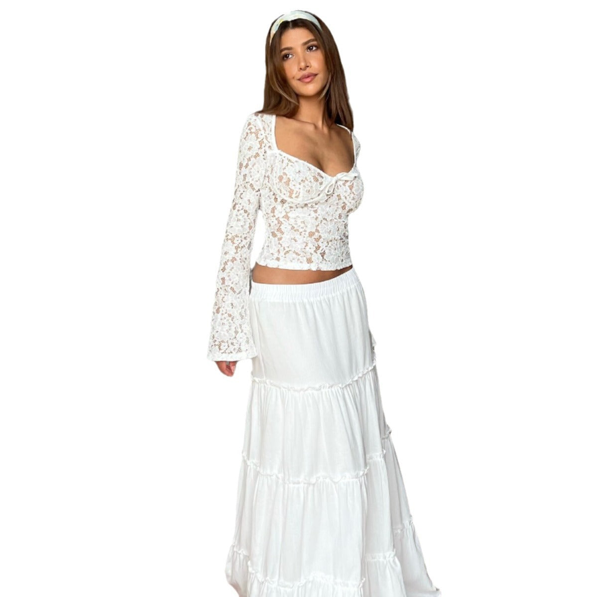 Solid Color Lace V-neck Horn Long Sleeves Cropped Top 3fba986f 1d26 44a0 8b6f 42754e25874b