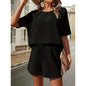 New Waffle Suit Women's Bat Sleeve Short-sleeved Crew-neck Top And Drawstring Design Shorts Fashion Two-piece Set Summer Clot
