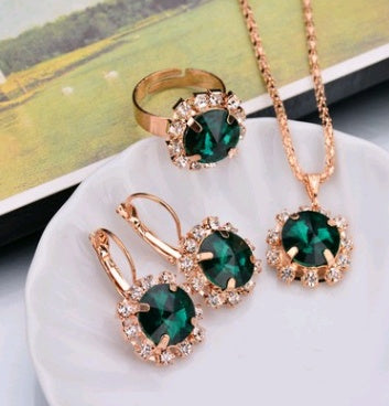 Europe And The United States Personalized Water Drop Color Diamond Necklace, Earrings, Rings Set, Shiny High-end Bridal Jewel
