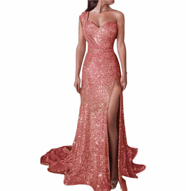 Women's Clothing One-shoulder Sleeveless Bronzing Split Dress 4097c1b5 2197 49db 8c49 3f7ab3418513