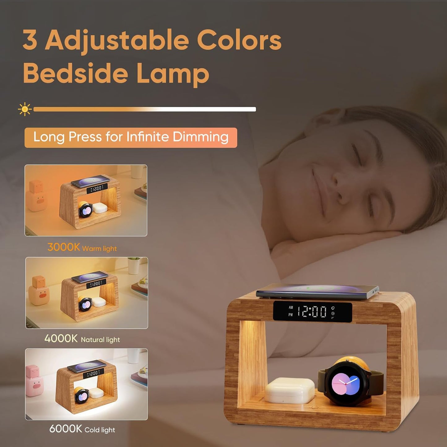 Multifunctional Bamboo Table Lamp Alarm Clock Wireless Charger - 图片 1