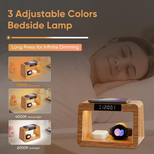 Multifunctional Bamboo Table Lamp Alarm Clock Wireless Charger - 图片 1