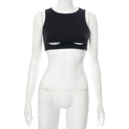 Solid Color And V-neck Solid Color Sleeveless Short Round Neck Hollow Vest 41168f6a 27c8 4d2f aa8c 6f5f98969cc2