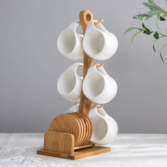 Six-piece Simple Ceramic Cup Set 200ml Tea Cup Coffee Cup Three-dimensional Bamboo and Wooden Bracket Striped Non-slip Coaste