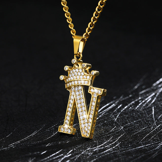 Crown Pendant Stainless Steel Letter Necklace 4163318114338