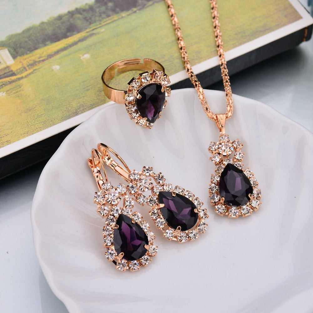 Europe And The United States Personalized Water Drop Color Diamond Necklace, Earrings, Rings Set, Shiny High-end Bridal Jewel