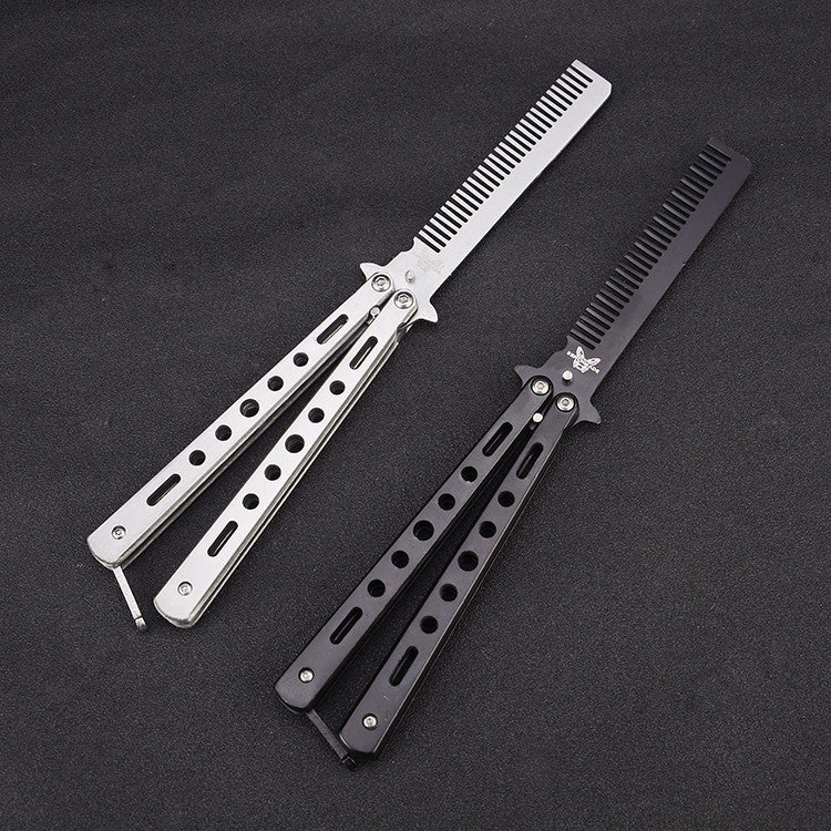 Outdoor Foldable Comb Stainless Steel Practice Training Butterfly Knife Comb Beard Moustache Brushe Salon Hairdressing Hair S