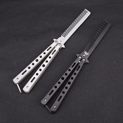Outdoor Foldable Comb Stainless Steel Practice Training Butterfly Knife Comb Beard Moustache Brushe Salon Hairdressing Hair S