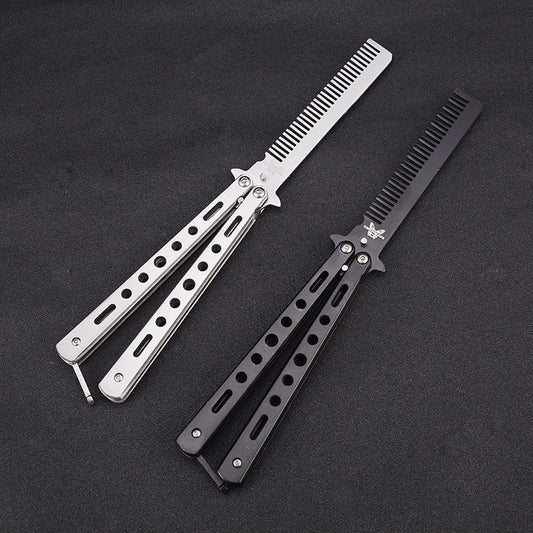 Outdoor Foldable Comb Stainless Steel Practice Training Butterfly Knife Comb Beard Moustache Brushe Salon Hairdressing Hair S