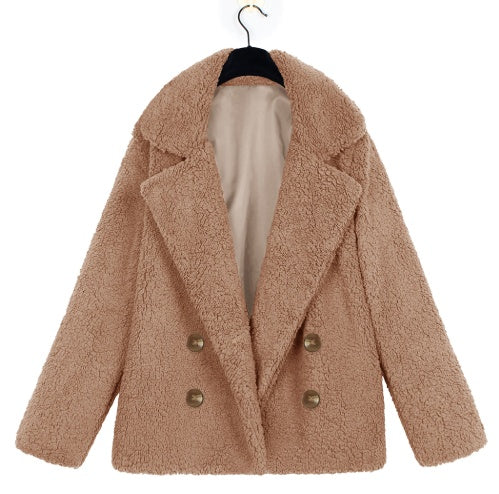 Autumn and Winter Women's Plush Button Lapels Pocket Coat Shirt 442046682333