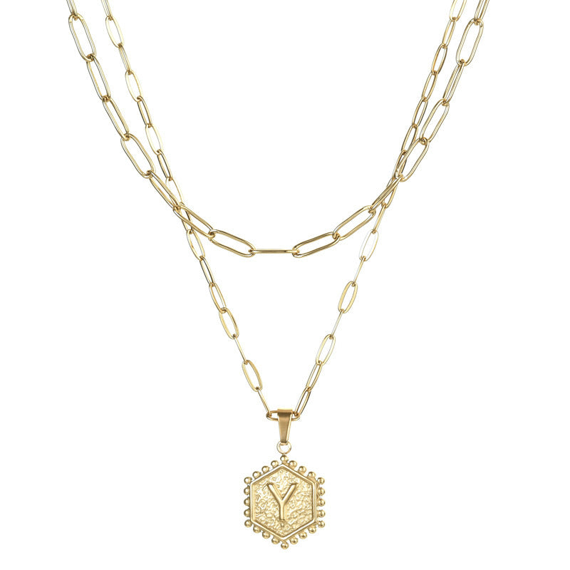 14K Gold Double-layer Combination Necklace Cool Female Letter Stainless Steel Necklace - HD Wireless Product #26