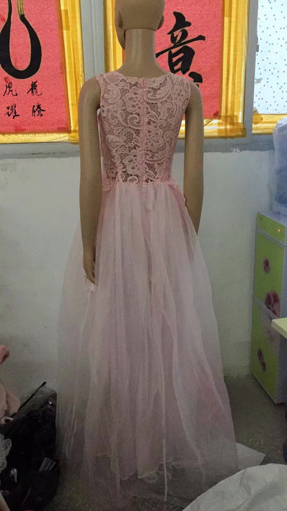 Women Wedding Dress Sleevless Flowers Lace Dress 4462710959727