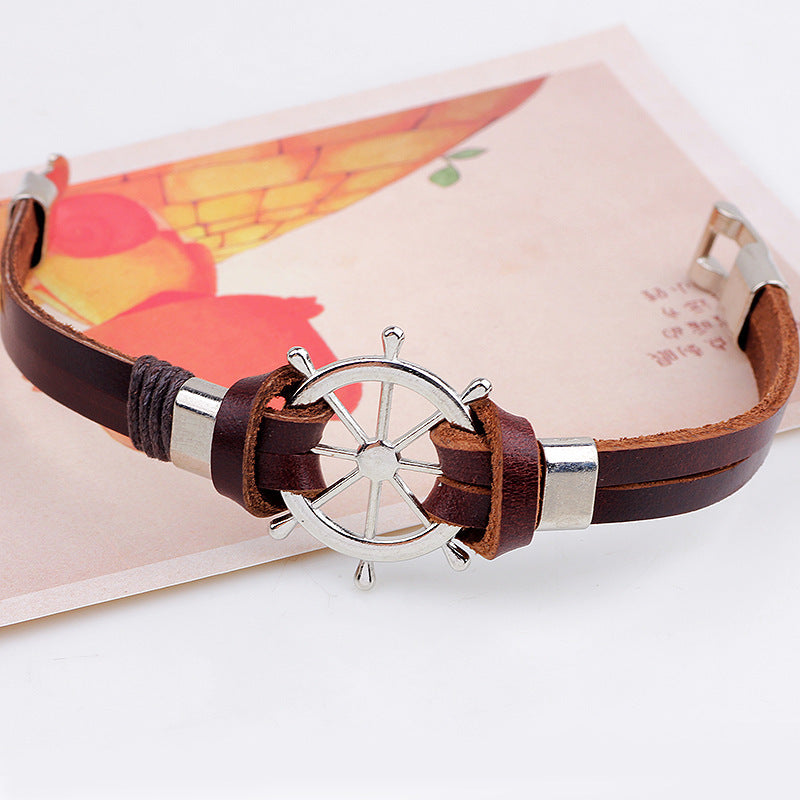 Rudder Bracelet Real Cowhide String Boat Anchor Wheel Metal Punk Bracelet Jewelry 4467f243 c660 426f 8177 63aa03e64c62